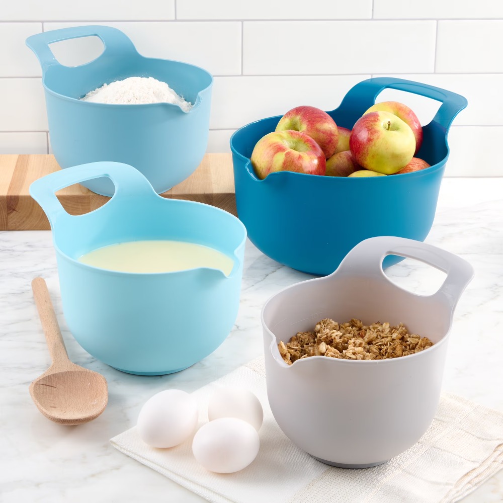 Kitchen Baking Utensils - ネスティングプラスチック製ミキシングボウル 4個セット 注ぎ口とハンドル付き キッチン用品 製菓 調理