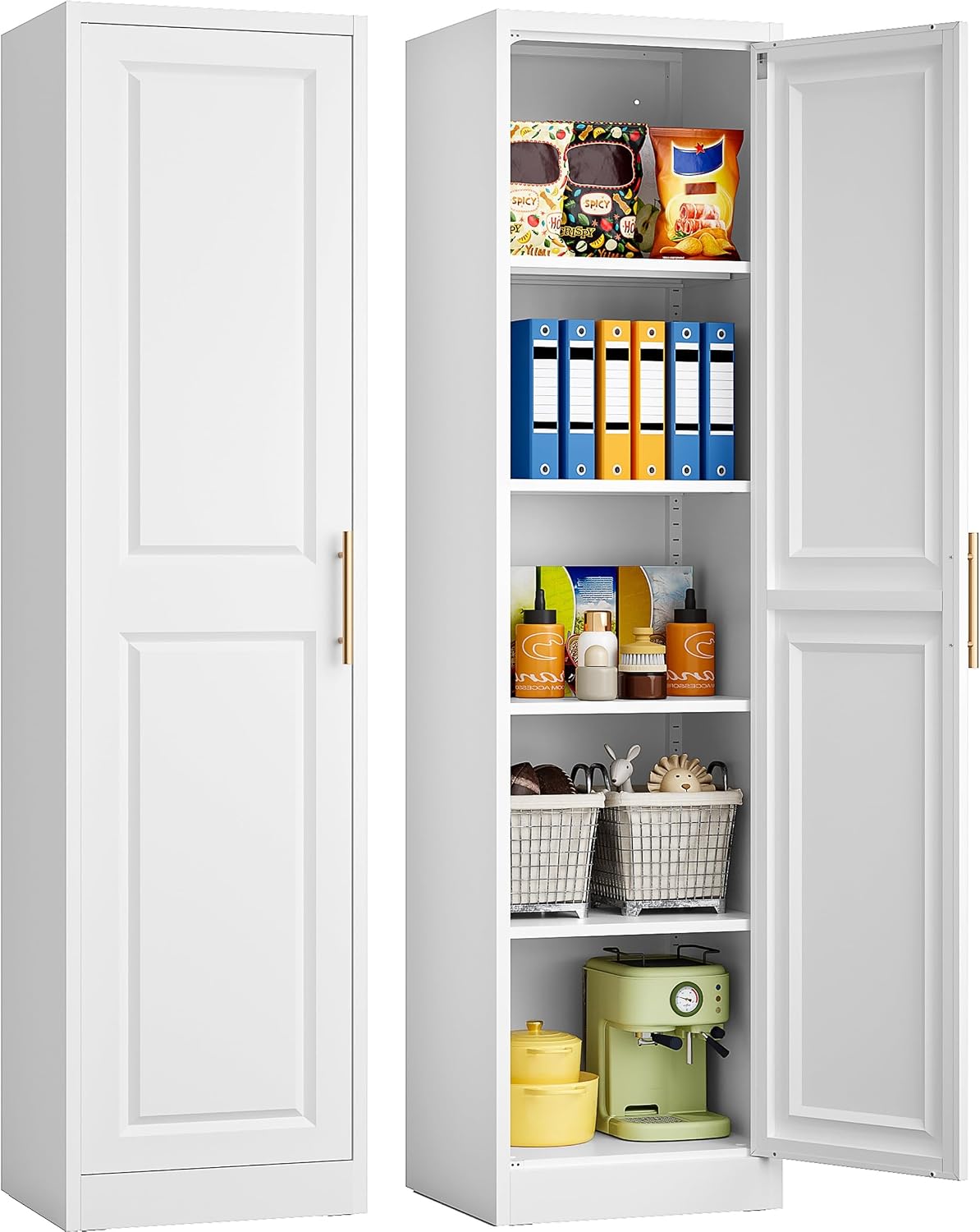 Kitchen Baking Storage - 背の高い細長い収納キャビネット、1ドア5段、スリムキッチンパントリーキャビネット、金属製バスルームカップボード、大型オーガナイザーユニット、ホワイト
