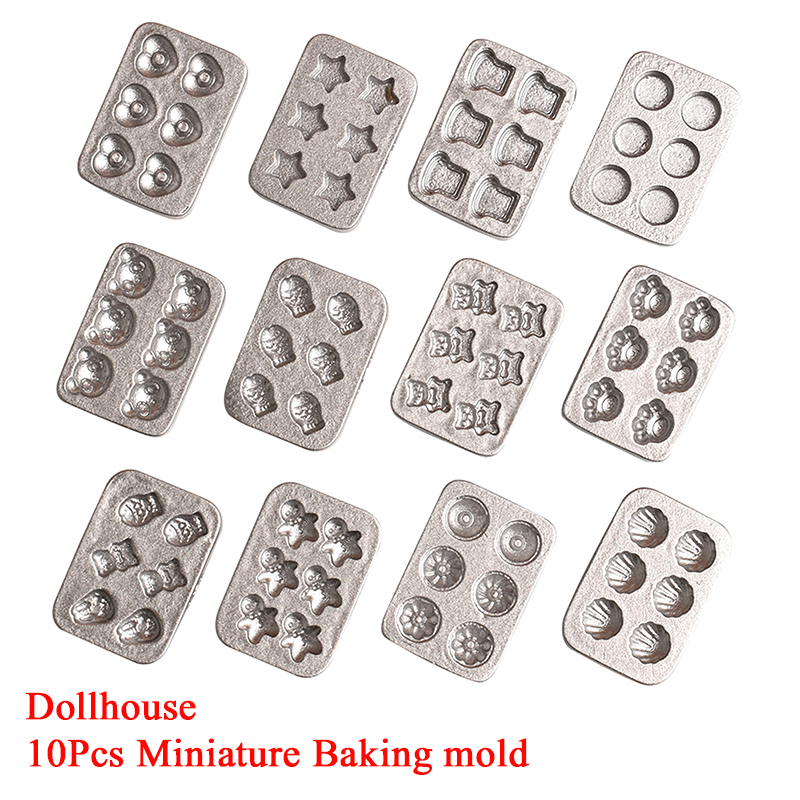 Baking In Kitchen - 10 個ドールハウスミニチュアミニケーキベーキングモールドキッチンシーンミニプレートジンジャーブレッドマンハートベーキングトレイモデル装飾