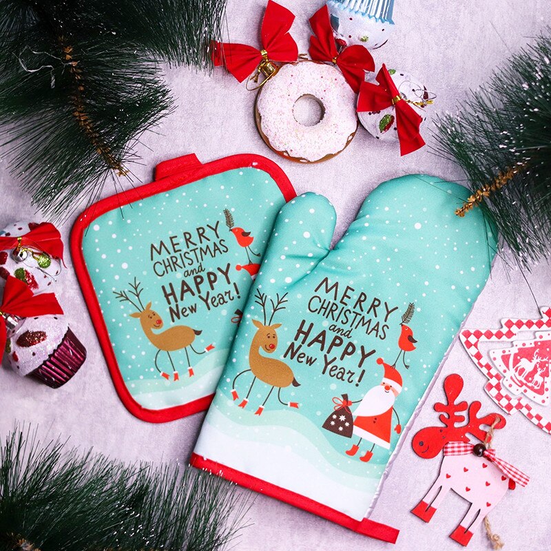 Kitchen Baking Gloves - 2ピース/セットクリスマスオーブンミットとポットホルダーセットベーキングホットグローブキッチンクッキングバーベキュー手袋新年クリスマスパーティー用品
