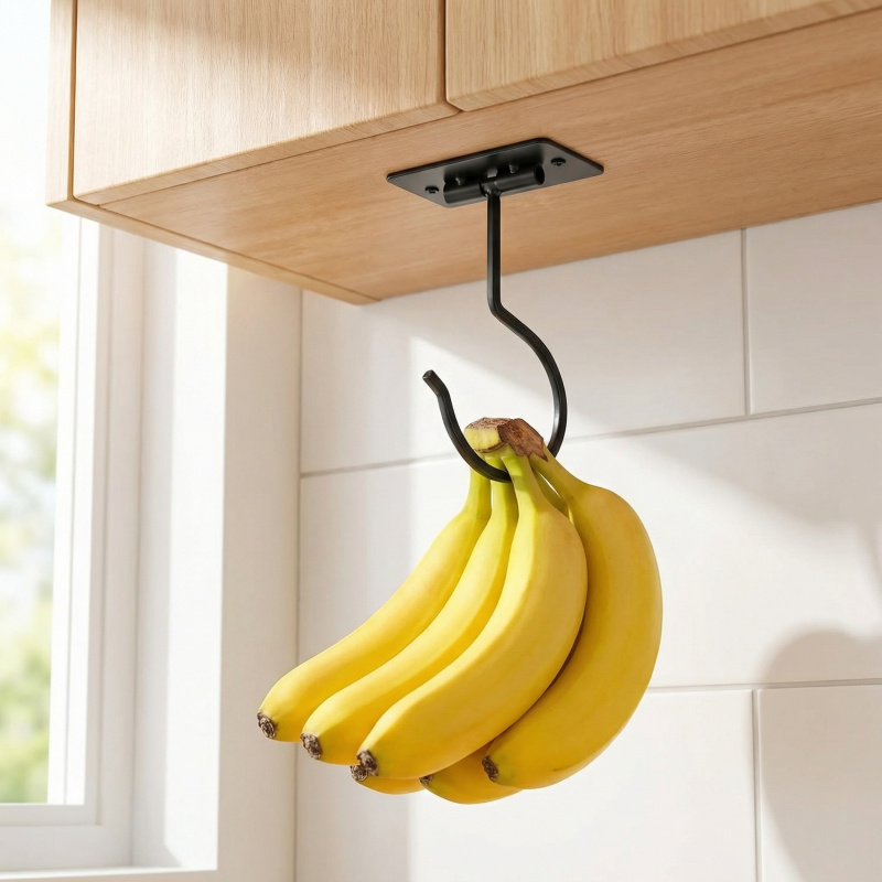 Kitchen Baking Storage - ブラックメタル製粘着式バナナフック折りたたみ式収納ラック省スペースキッチンキャビネット食品オーガナイザー1～2個