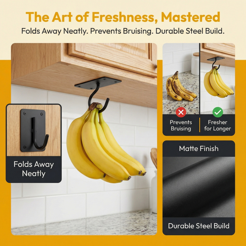 ブラックメタル製粘着式バナナフック折りたたみ式収納ラック省ス - Kitchen Baking Storage のレビューと価格