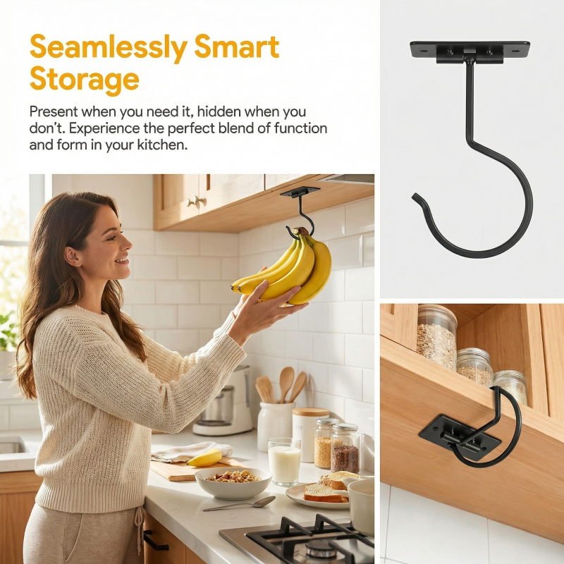 ブラックメタル製粘着式バナナフック折りたたみ式収納ラック省ス - Kitchen Baking Storage のレビューと価格